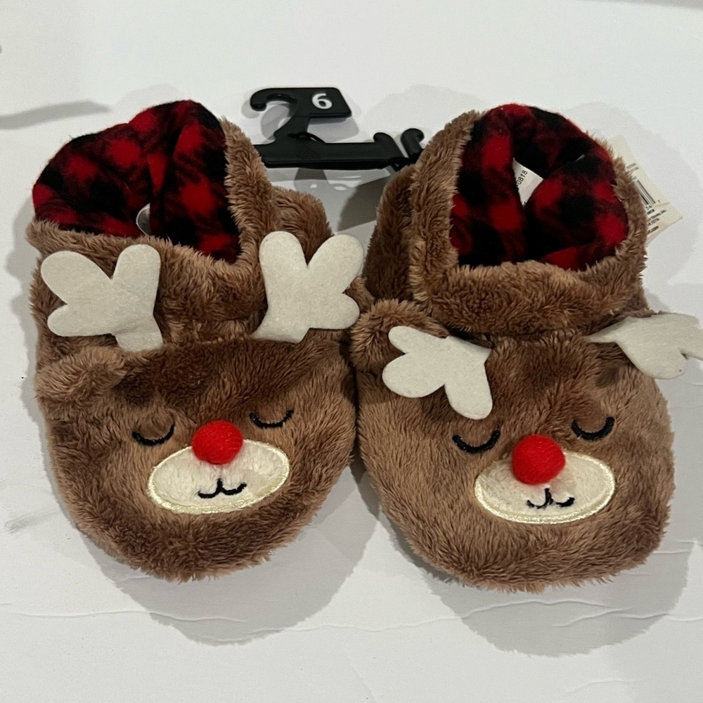 Brown Reindeer Slippers with Red Nose